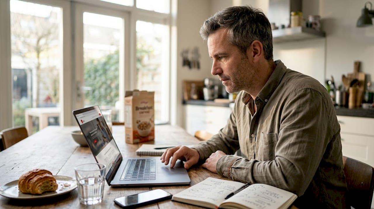 Een man kijkt in de keuken rustig de inhoud van een website na.