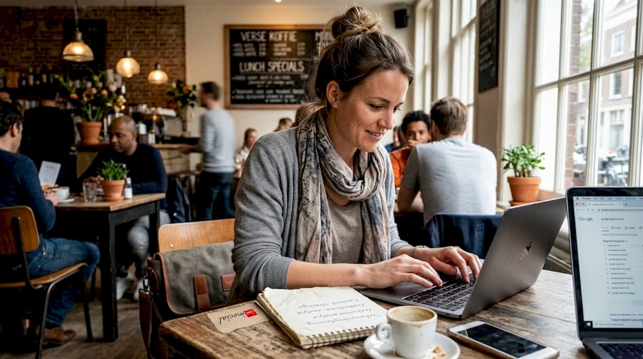 In een gezellig café zit een vrouw haar contentstrategie uit te werken.