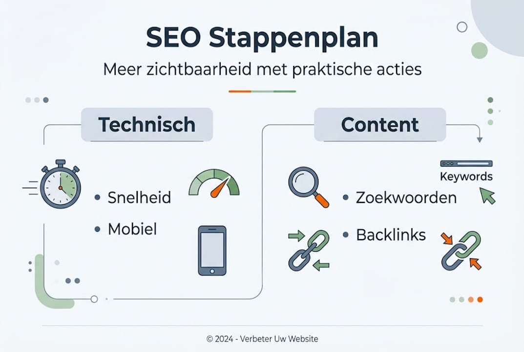 Overzichtelijke infographic met de belangrijkste SEO-stappen en fundamenten