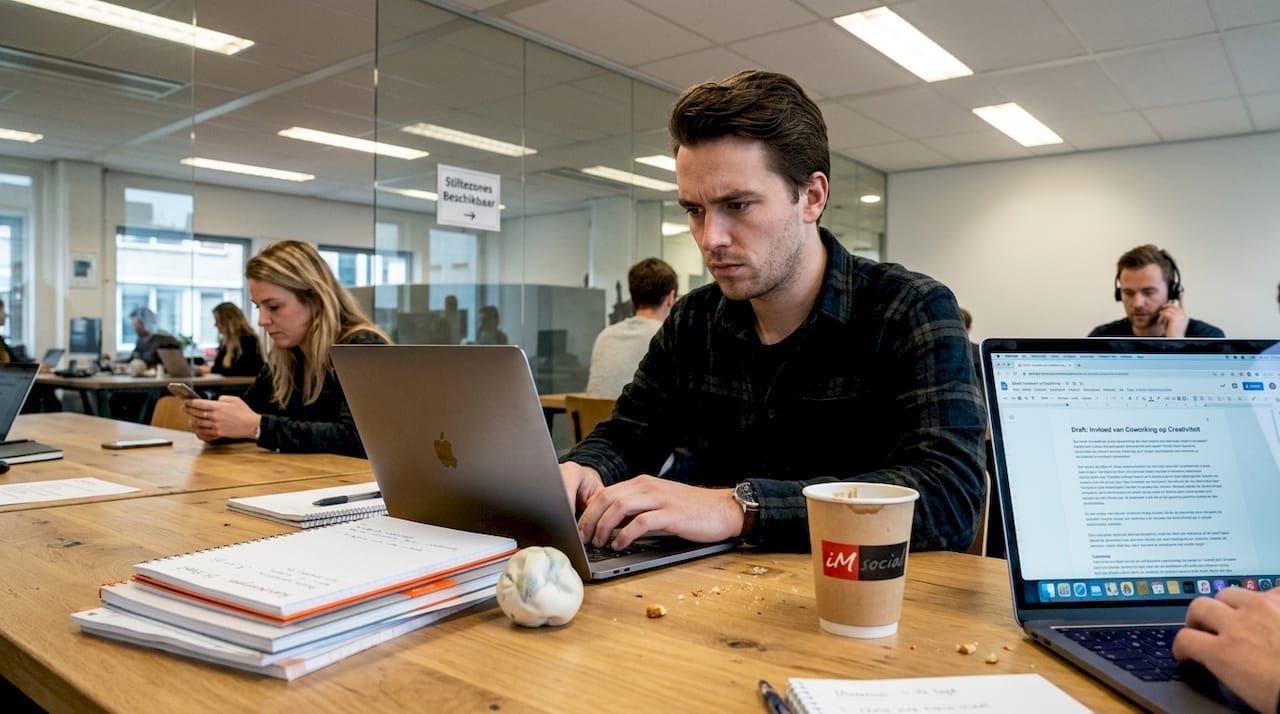 In een moderne coworkingruimte zit een man geconcentreerd SEO-teksten uit te werken.