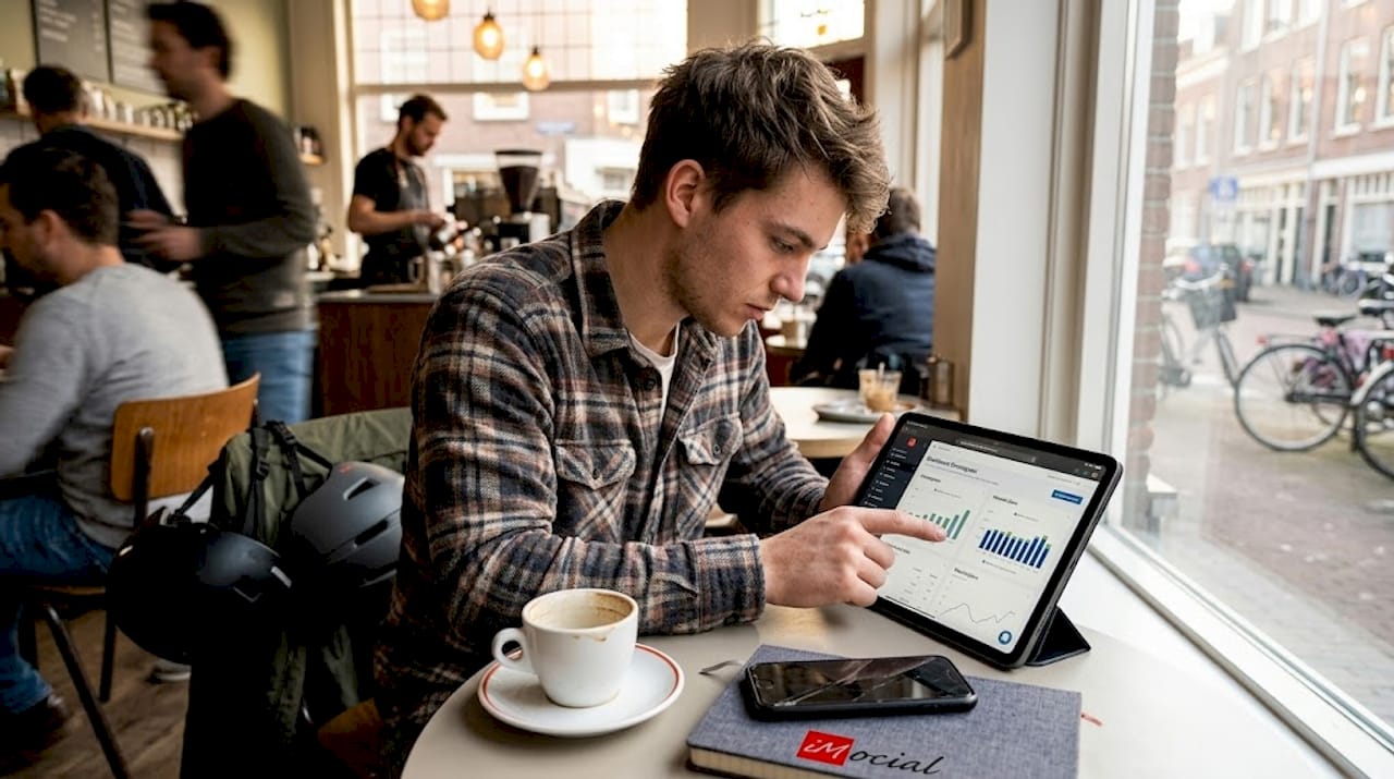 Ondernemer checkt zijn bedrijfsresultaten op de laptop terwijl hij in een café zit.