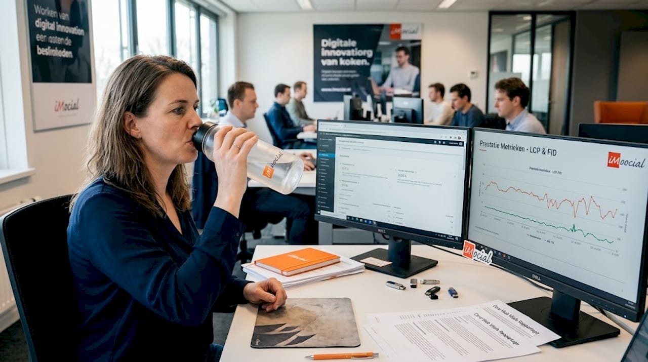 Webdeveloper verdiept zich in website-statistieken op zijn werkplek