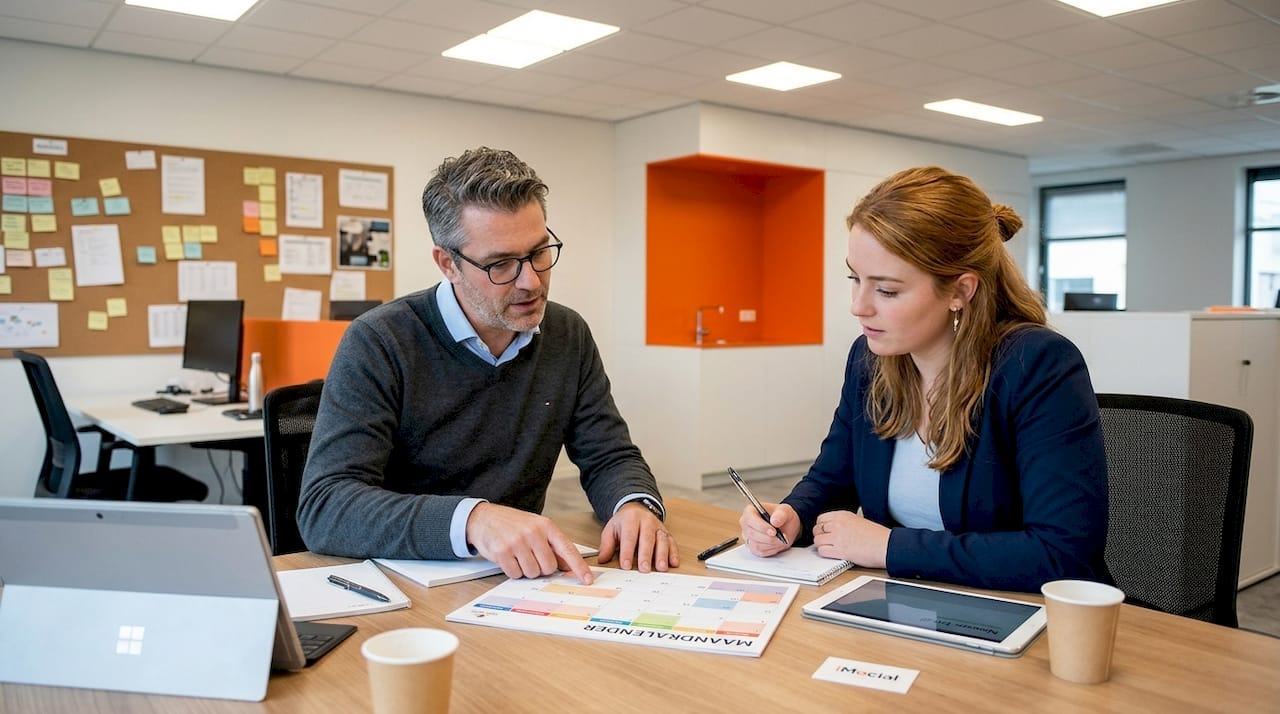 Een groep collega’s bespreekt samen de contentplanning op kantoor.
