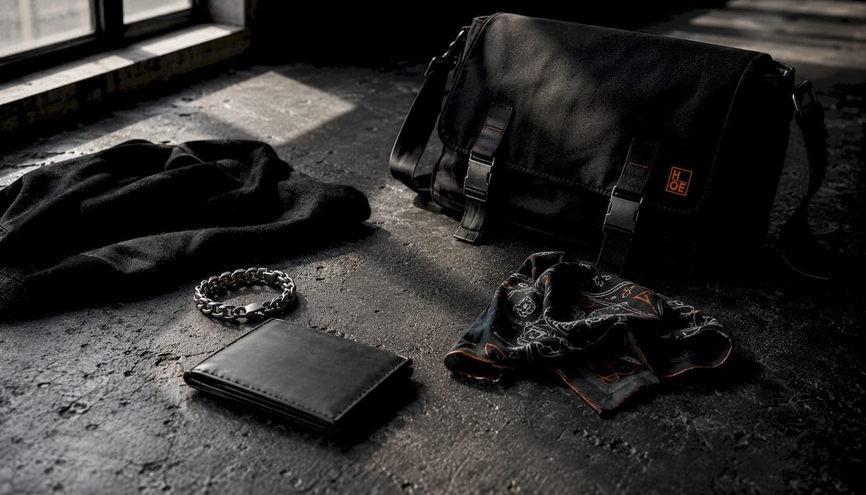 Streetwear accessories arranged on wooden table
