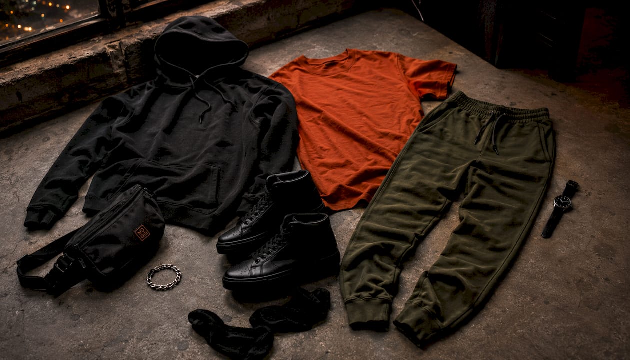 Flat lay of essential men's streetwear pieces