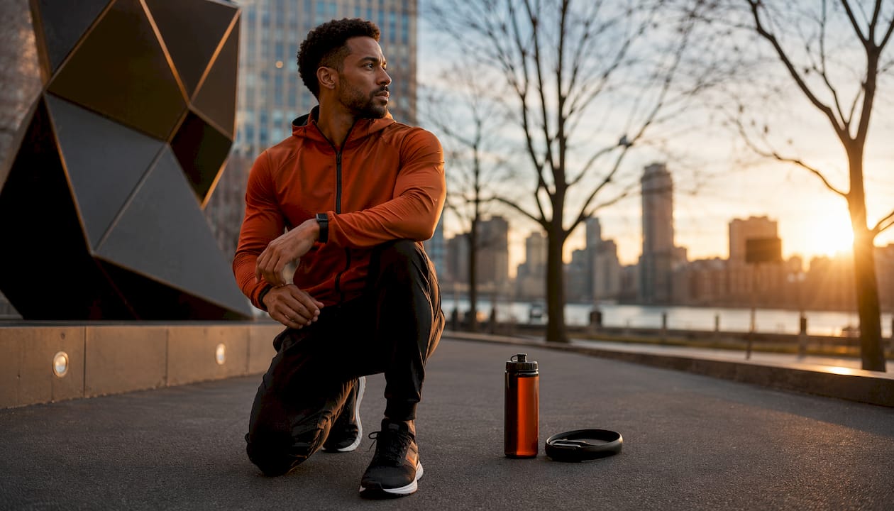 Man stretching in athleisure jogger outfit on path