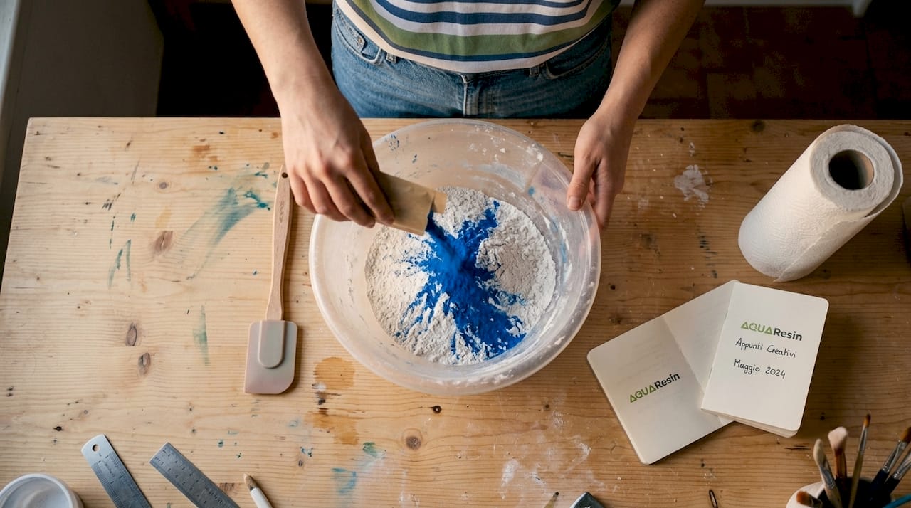Mani che mescolano il pigmento nell’impasto del gesso