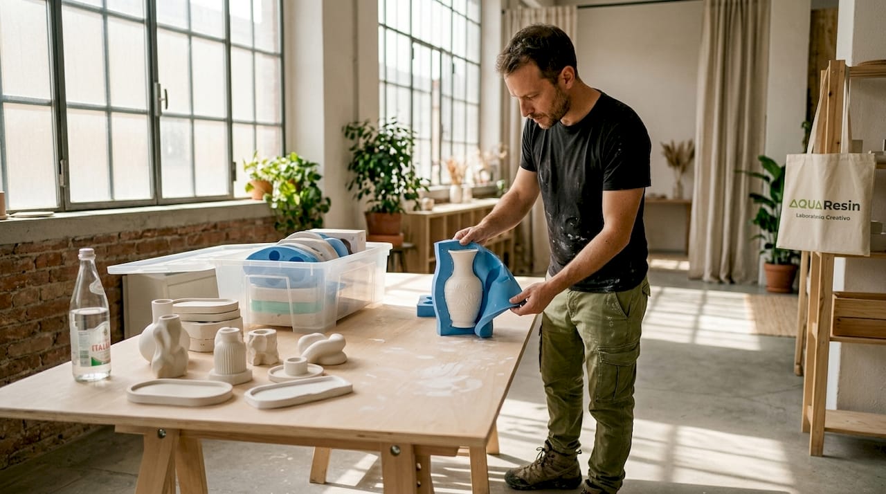 A man is removing plaster from a silicone mold.