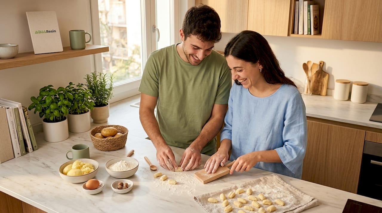 Una coppia si diverte a impastare insieme la pasta fresca nella loro cucina, condividendo gesti semplici e complicità come solo in famiglia si sa fare.