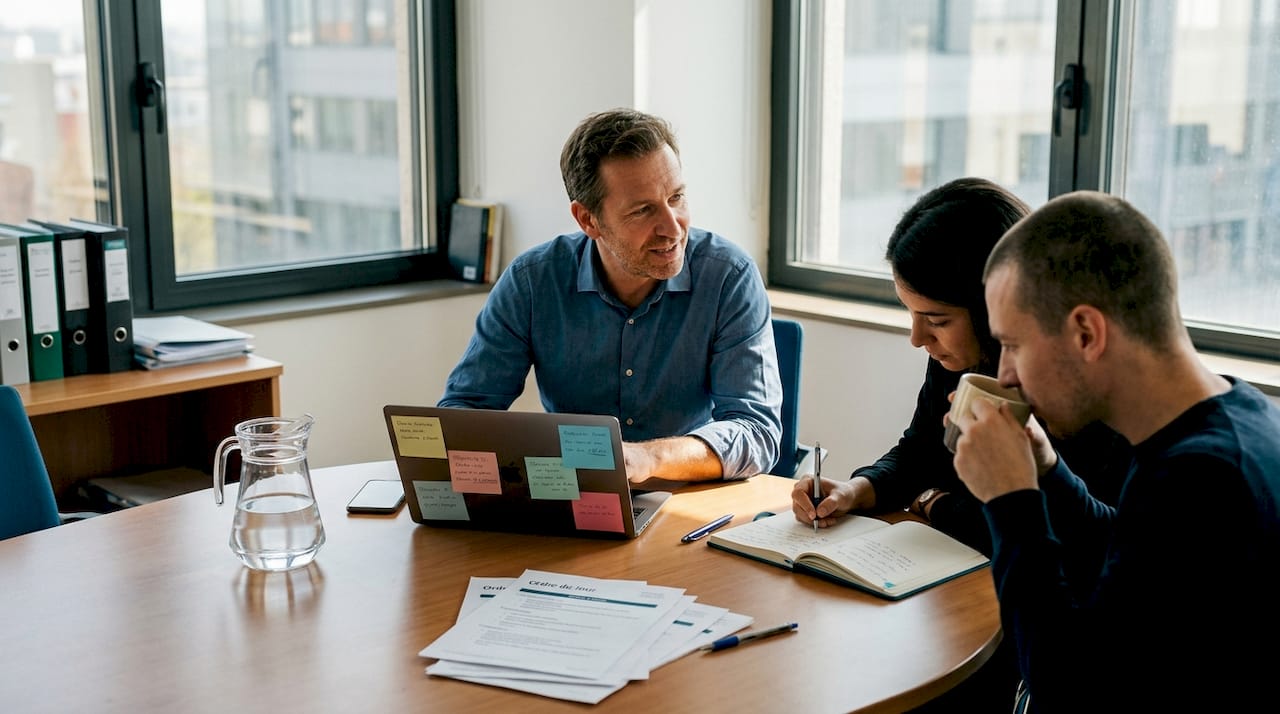 Un manager anime une réunion d’équipe dans son bureau situé à l’angle, réunissant ses collaborateurs autour d’une table pour discuter des projets en cours.