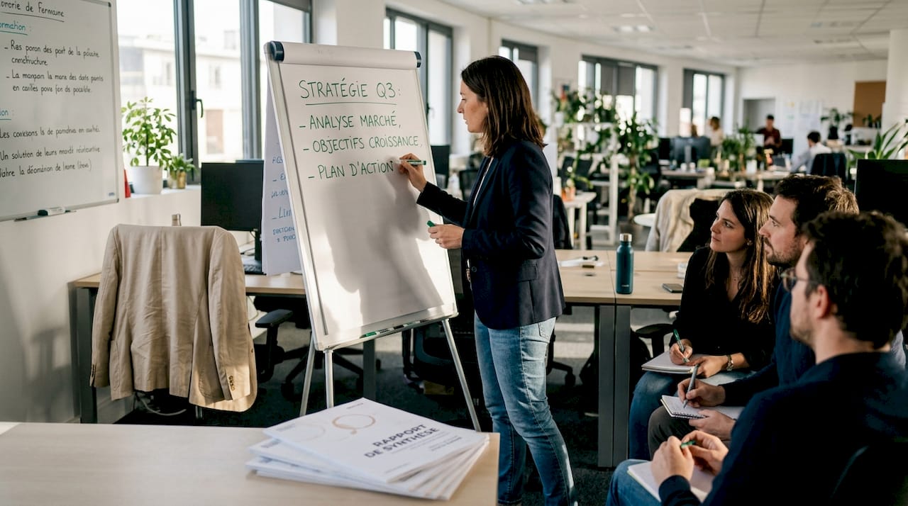 Un manager anime une réunion en accompagnant son équipe à l’aide d’un paperboard.