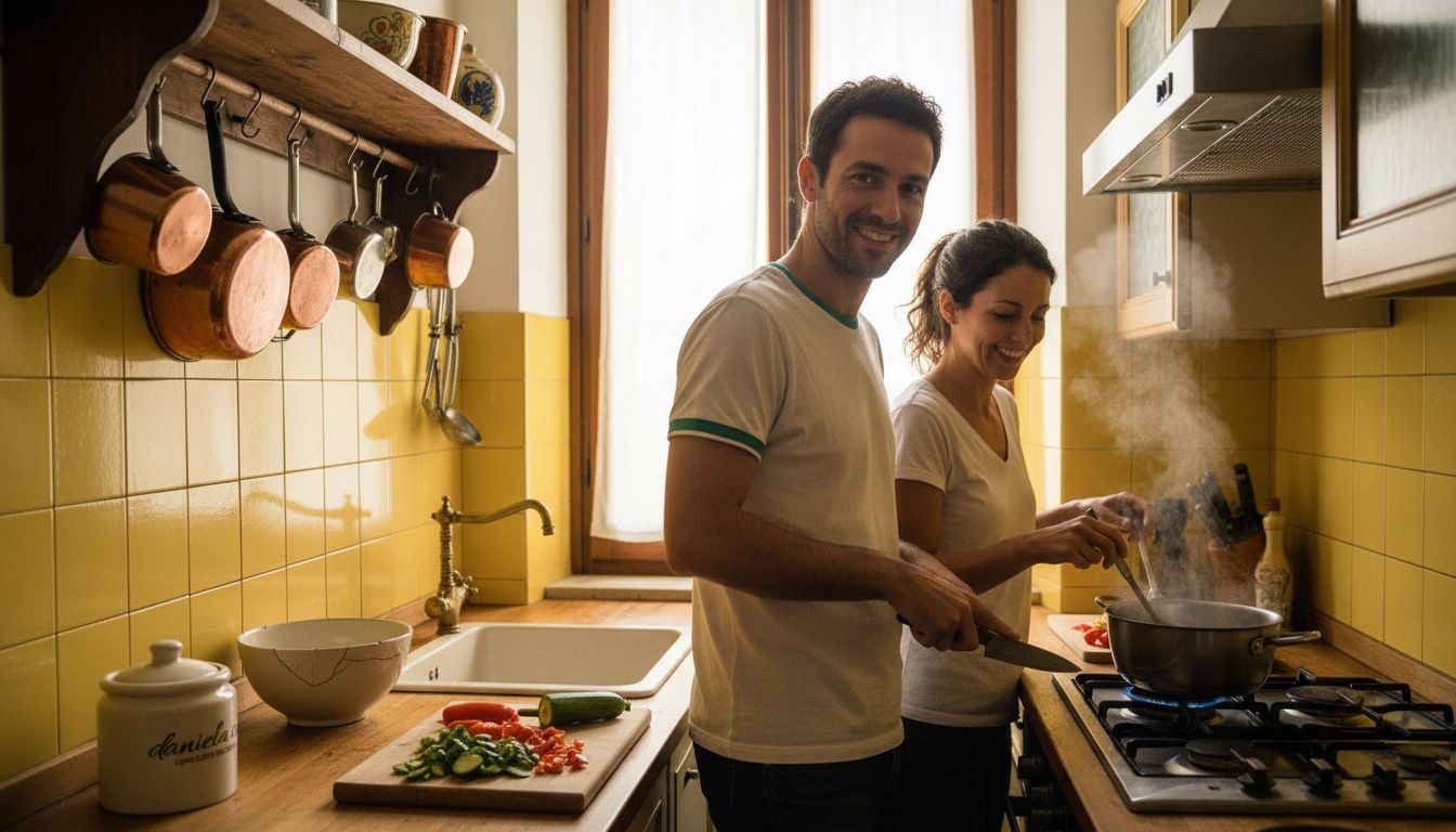 Una coppia che prepara la cena insieme, immersa nell’atmosfera calda e accogliente di una cucina italiana.