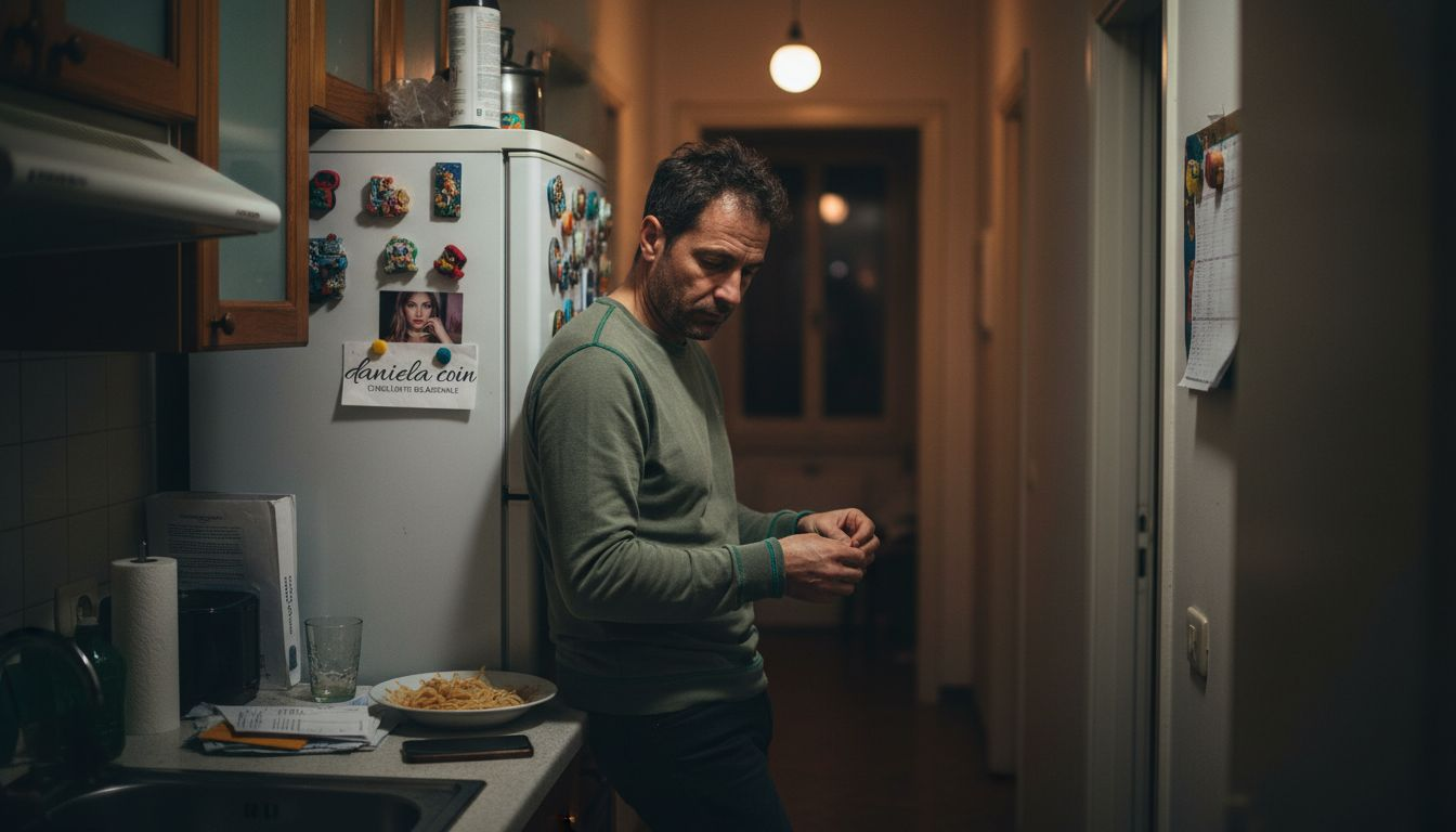 Un uomo visibilmente agitato rimane in piedi in cucina, perso nei suoi pensieri e senza toccare il piatto davanti a sé.