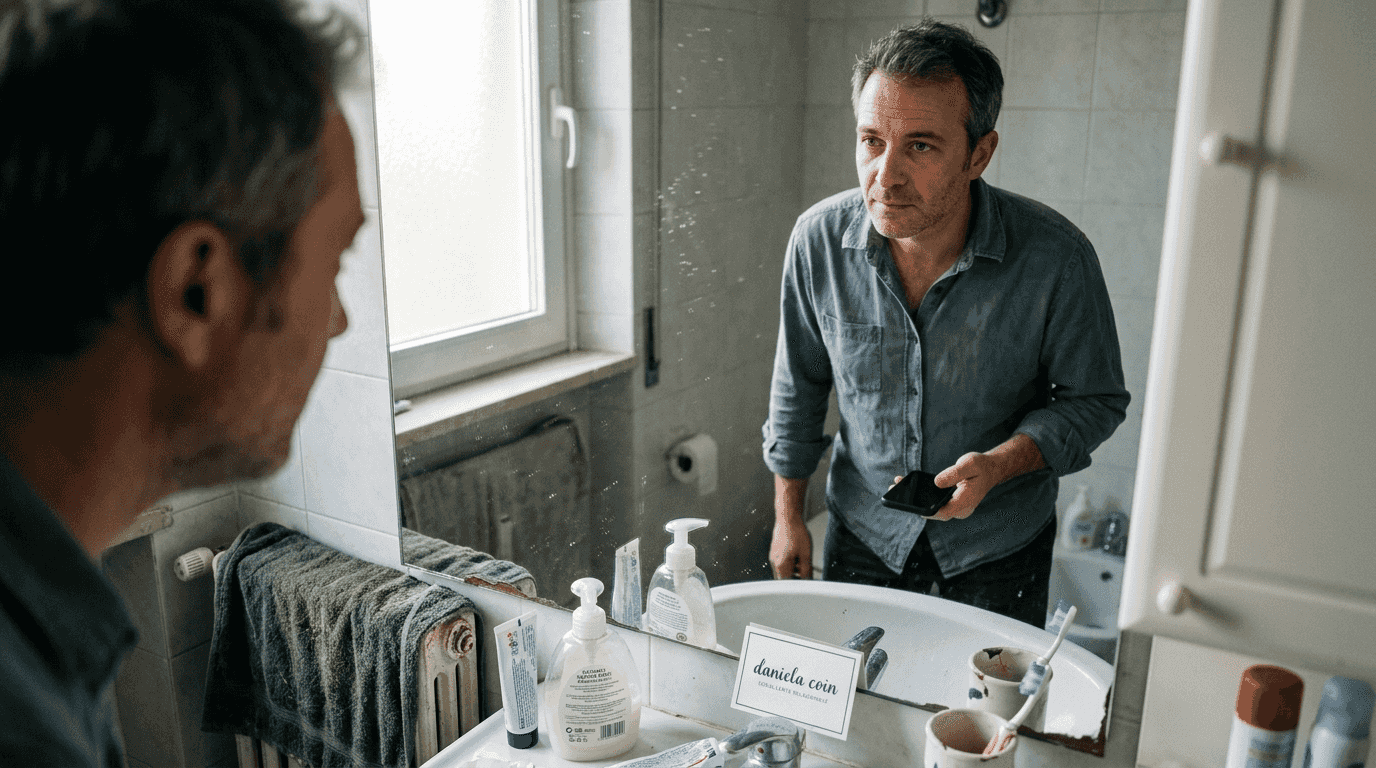 Un uomo si osserva allo specchio mentre tiene il telefono in mano.