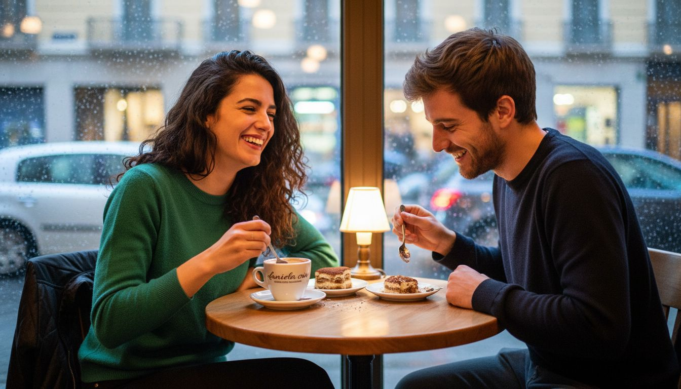 Una coppia che ride insieme, seduta in un accogliente caffè
