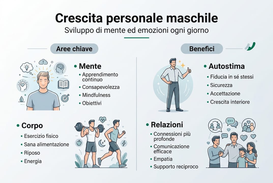 Infografica dedicata alle principali aree di sviluppo personale maschile e ai vantaggi che ne derivano