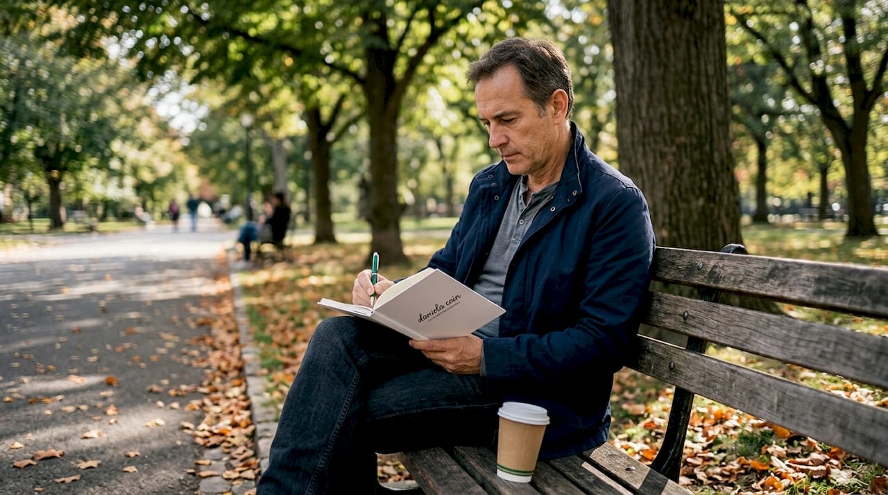 Un uomo seduto su una panchina al parco, perso nei suoi pensieri, con un quaderno sulle ginocchia.