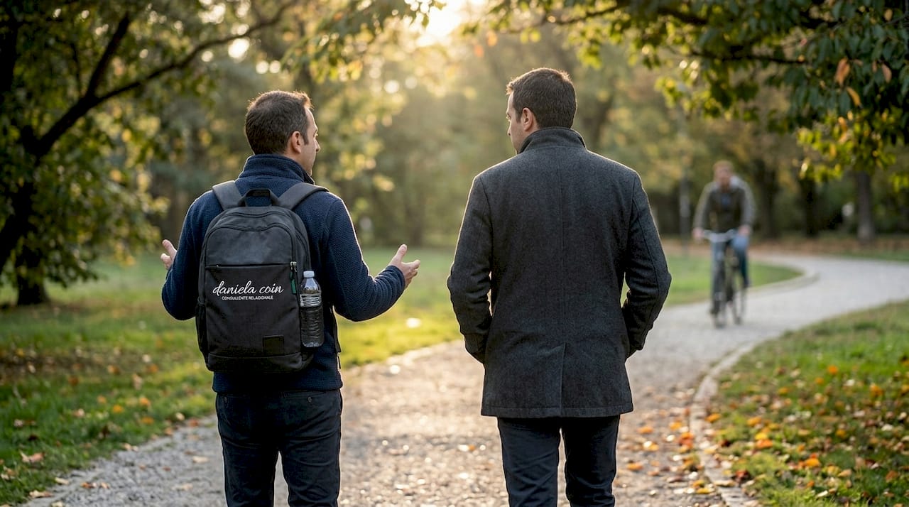 Due uomini chiacchierano mentre passeggiano lungo il vialetto di un parco cittadino.