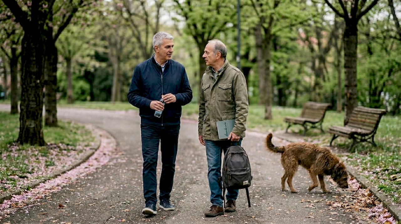 Due amici chiacchierano mentre passeggiano nel parco.