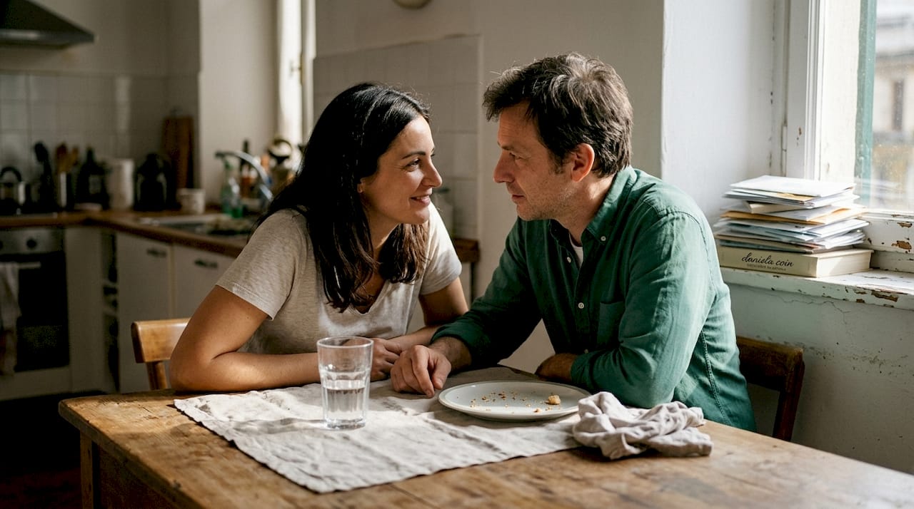 Una coppia seduta al tavolo della cucina, impegnata in una conversazione sincera e aperta.