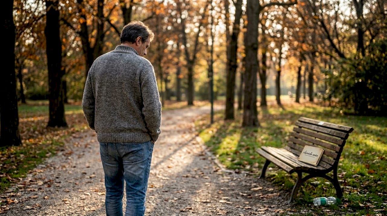 Un uomo passeggia assorto tra i colori dell’autunno nel parco.