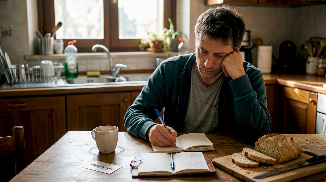 Un uomo, seduto in cucina, annota i suoi pensieri del mattino.