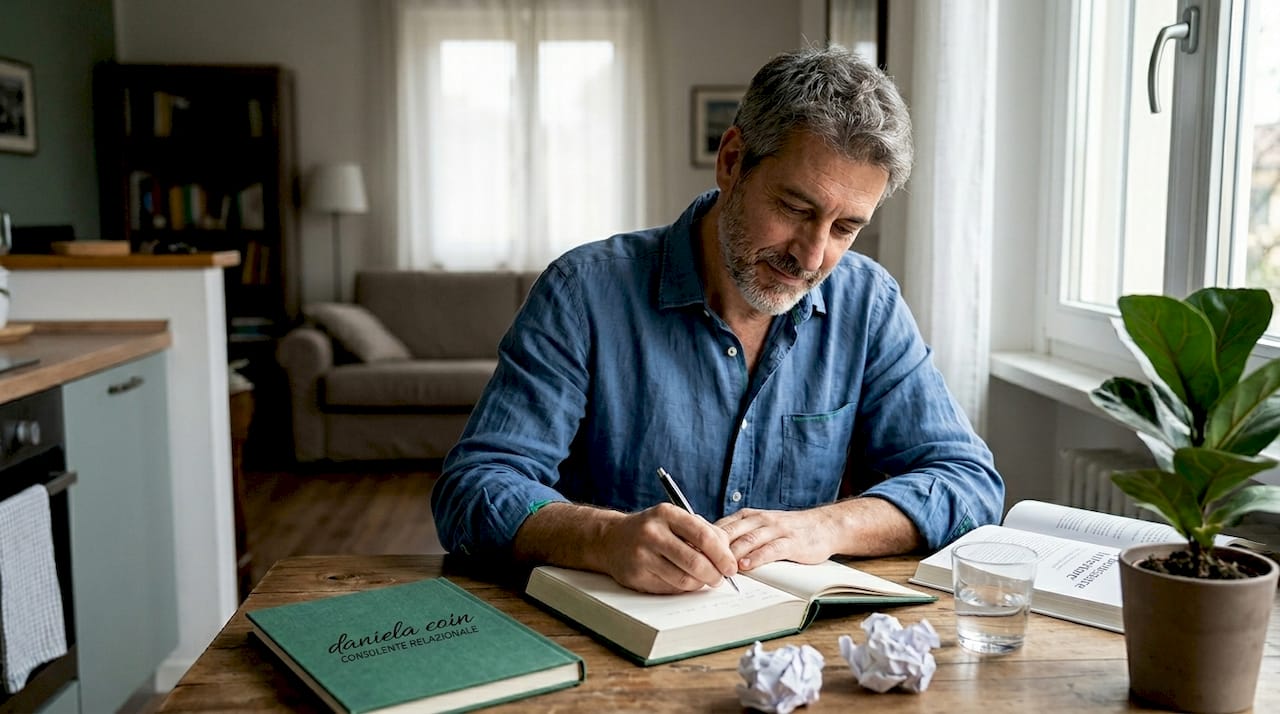 Un uomo seduto in salotto annota i suoi pensieri sul diario.