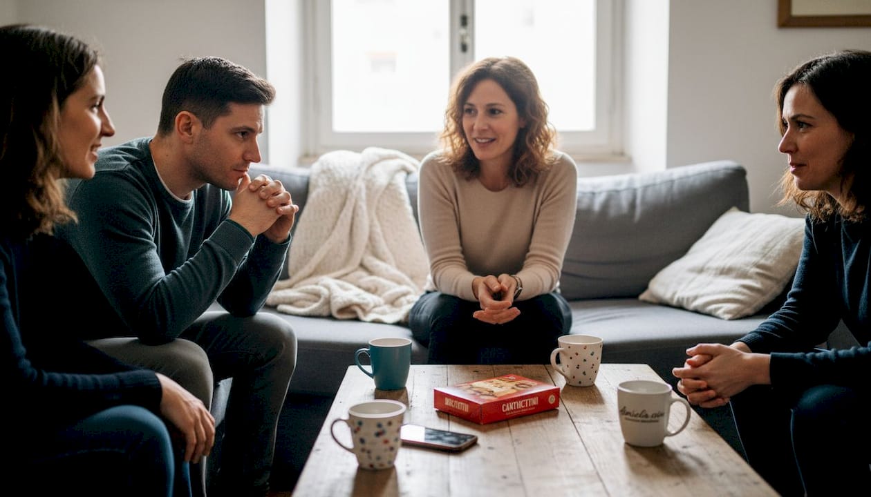 Un piccolo gruppo di persone chiacchiera seduto attorno a un tavolino da caffè.