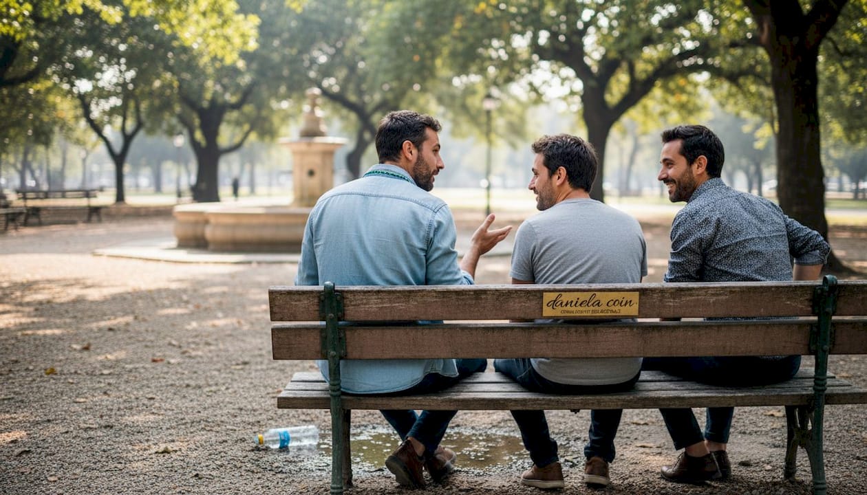 Un gruppo di uomini chiacchiera seduto su una panchina al parco.