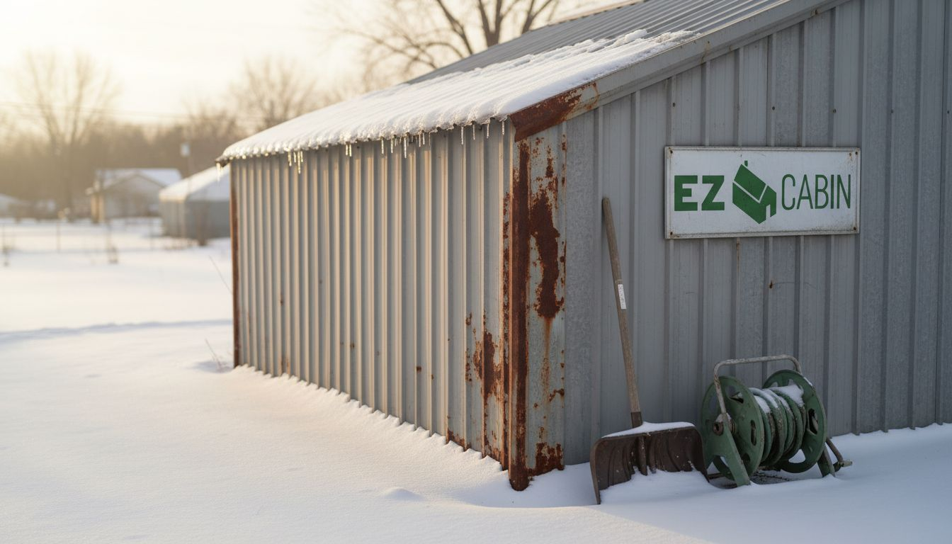 Metal garage in snow with winter details