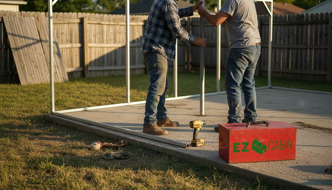 Workers installing portable garage on concrete slab