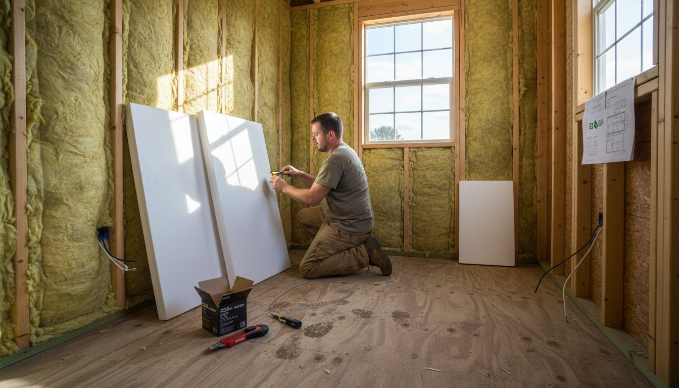 Man installing insulation inside unfinished shed