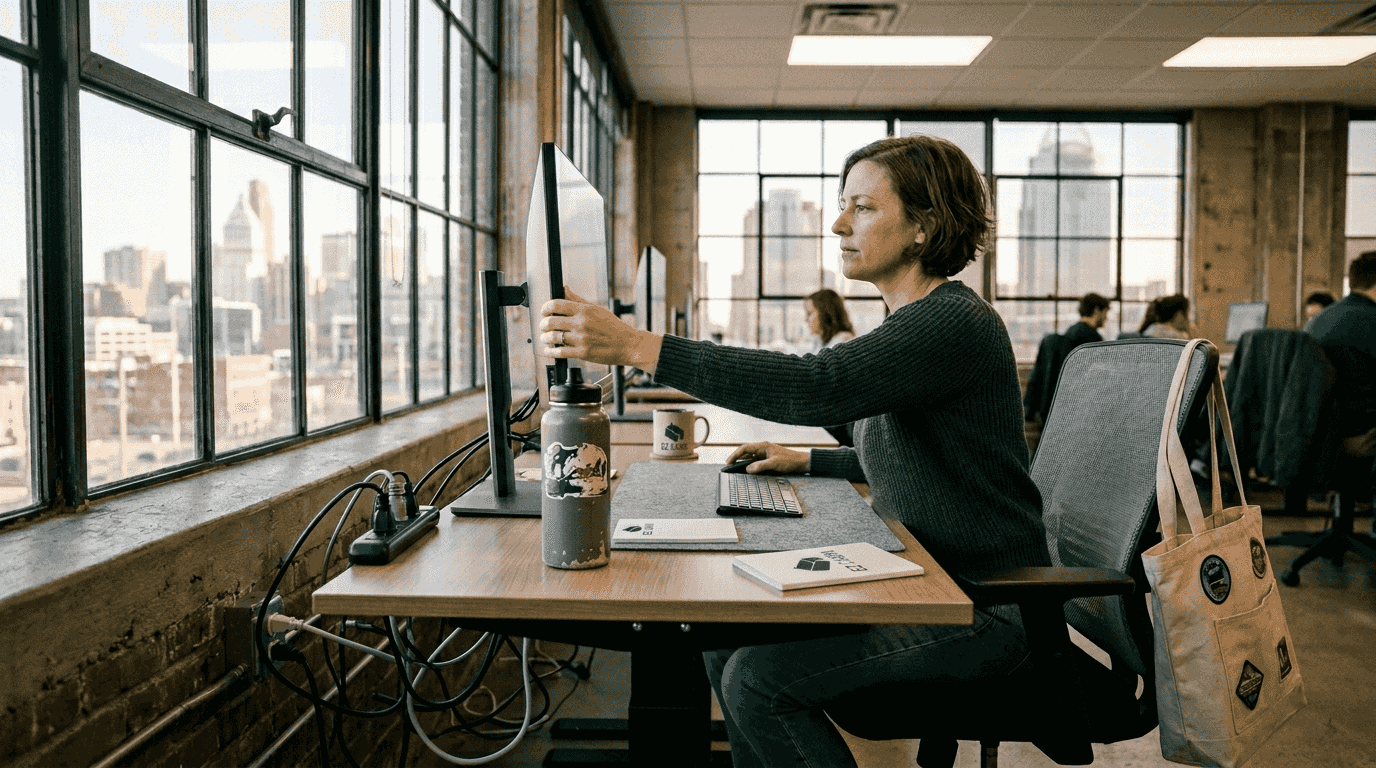 Woman setting up ergonomic workspace in coworking area