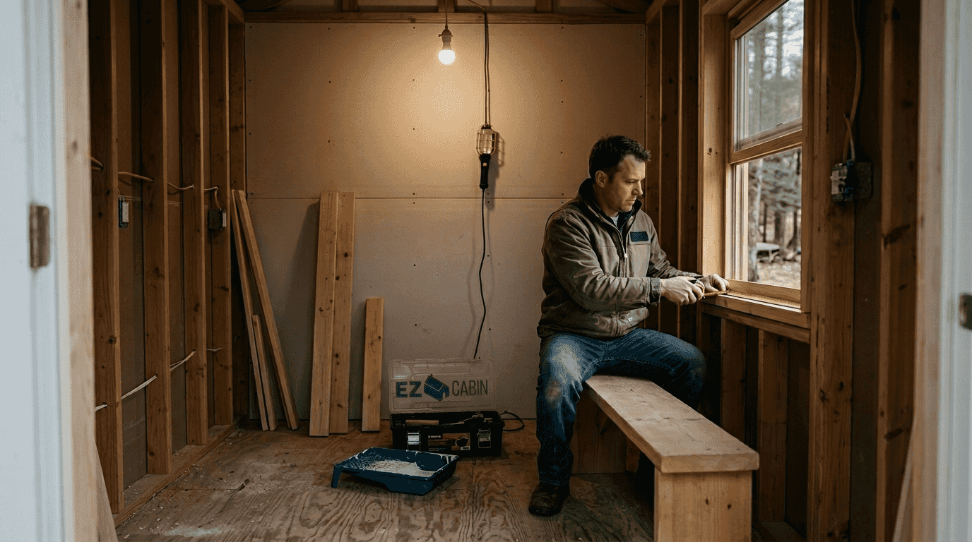Man measures window in DIY shed interior