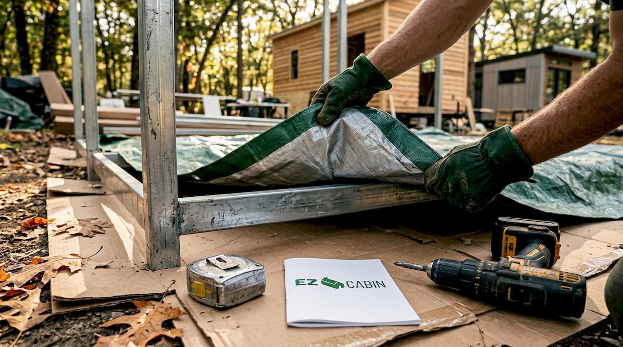 Closeup hands fitting tarp on metal frame