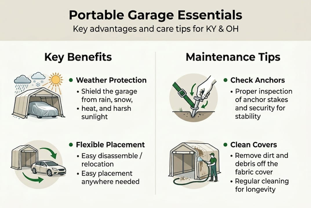 Infographic with portable garage benefits and maintenance tips