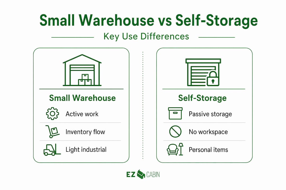 Infographic comparing small warehouse and self-storage features