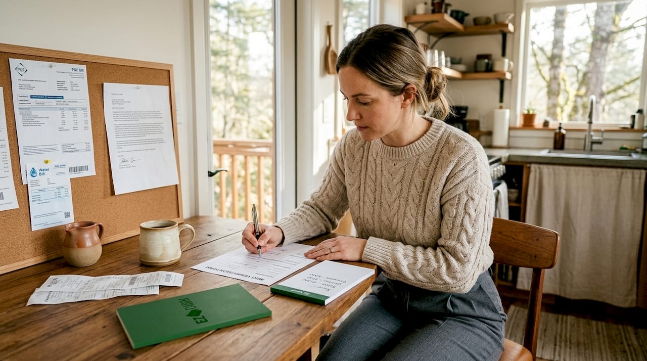 Tenant preparing rent verification paperwork in kitchen