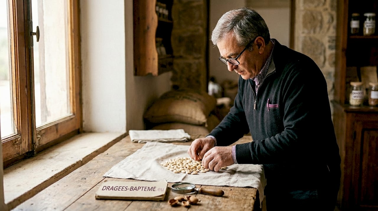 Un contrôleur inspecte la qualité des amandes d'Avola, fraîchement récoltées en Sicile.