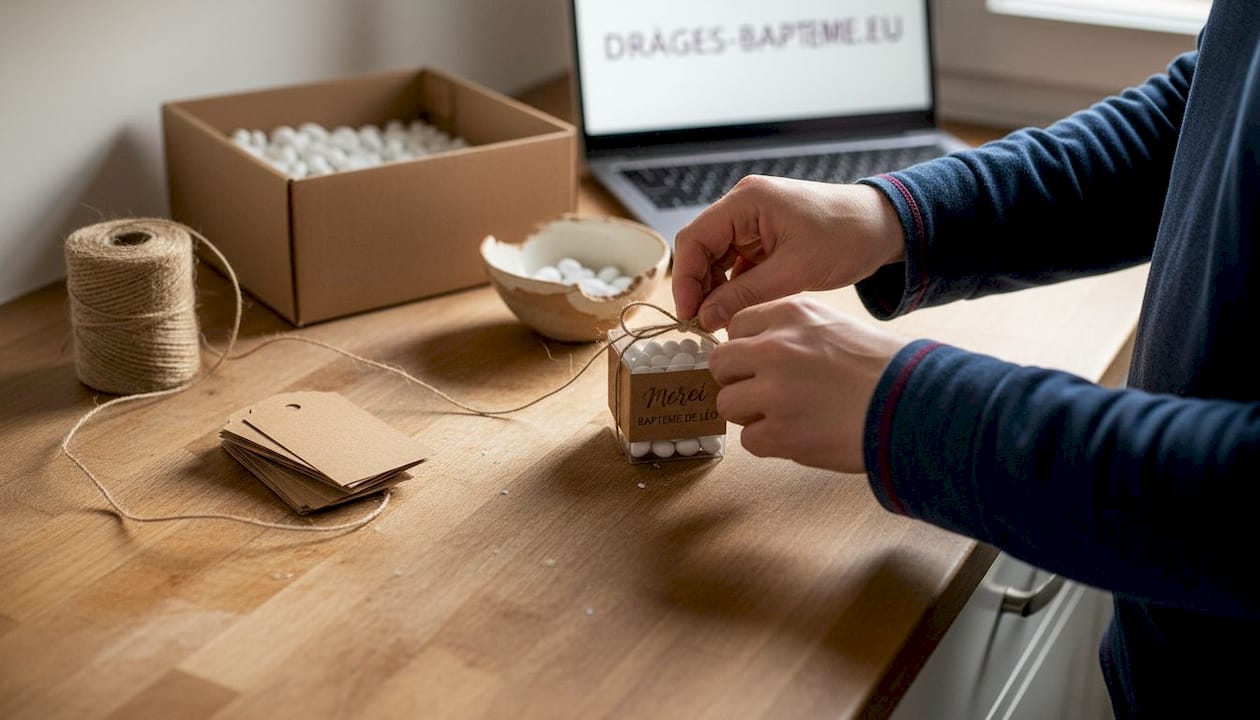 Une main vient délicatement apposer une étiquette en kraft sur une boîte de dragées.