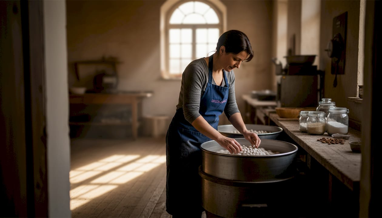 Un artisan fait griller et enrobe les amandes dans une turbine.