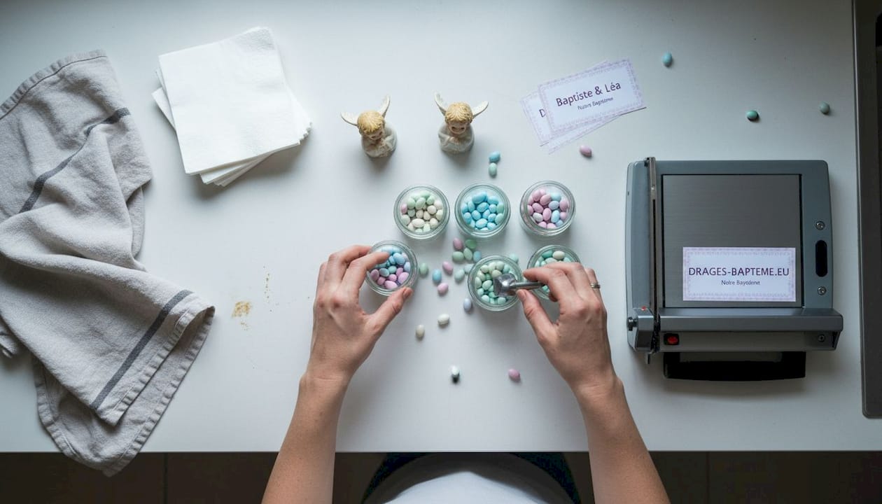 Chacun dispose les dragées et les éléments de décoration sur la table selon le plan prévu.
