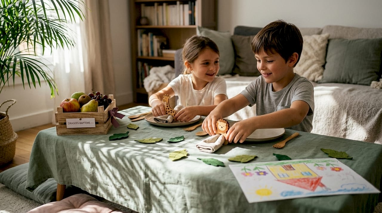 Des enfants préparent une table de fête sur le thème des animaux, en disposant soigneusement la décoration et les accessoires pour créer une ambiance ludique et colorée.