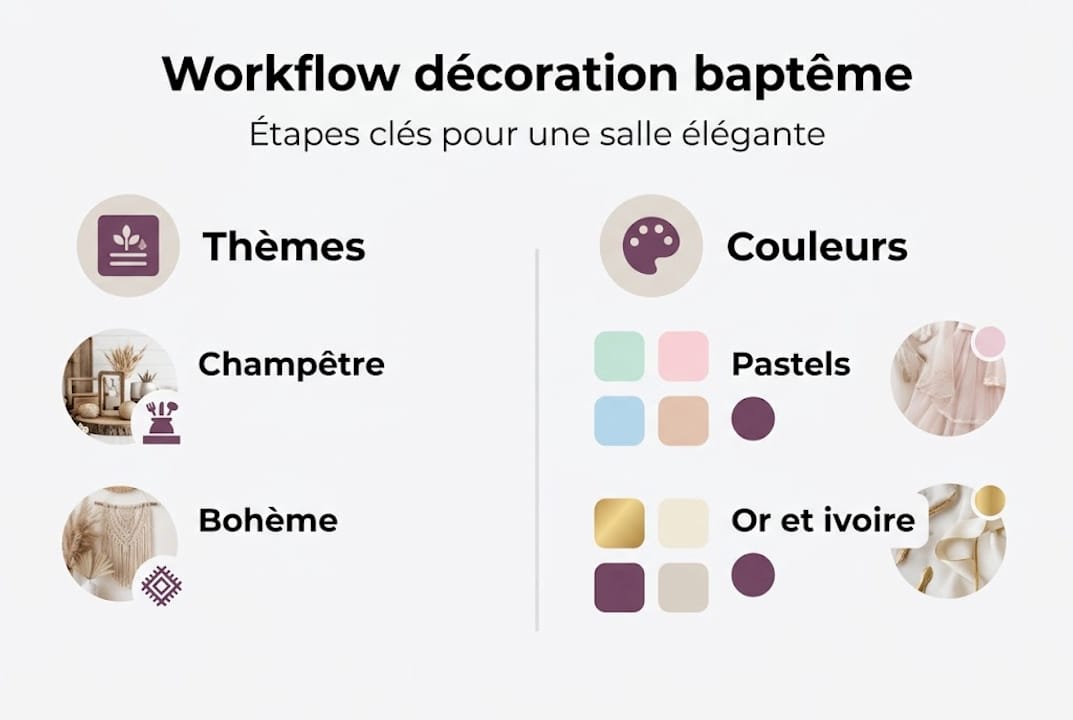 Découvrez en un coup d’œil les différentes étapes clés pour organiser la décoration d’un baptême grâce à notre infographie dédiée au workflow.