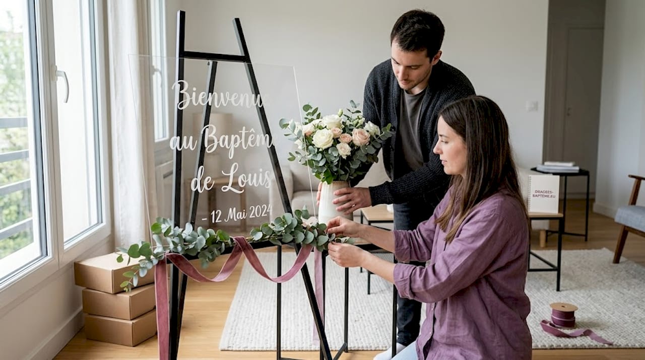 Un couple en train de disposer la décoration autour d’un panneau de baptême en plexiglas.