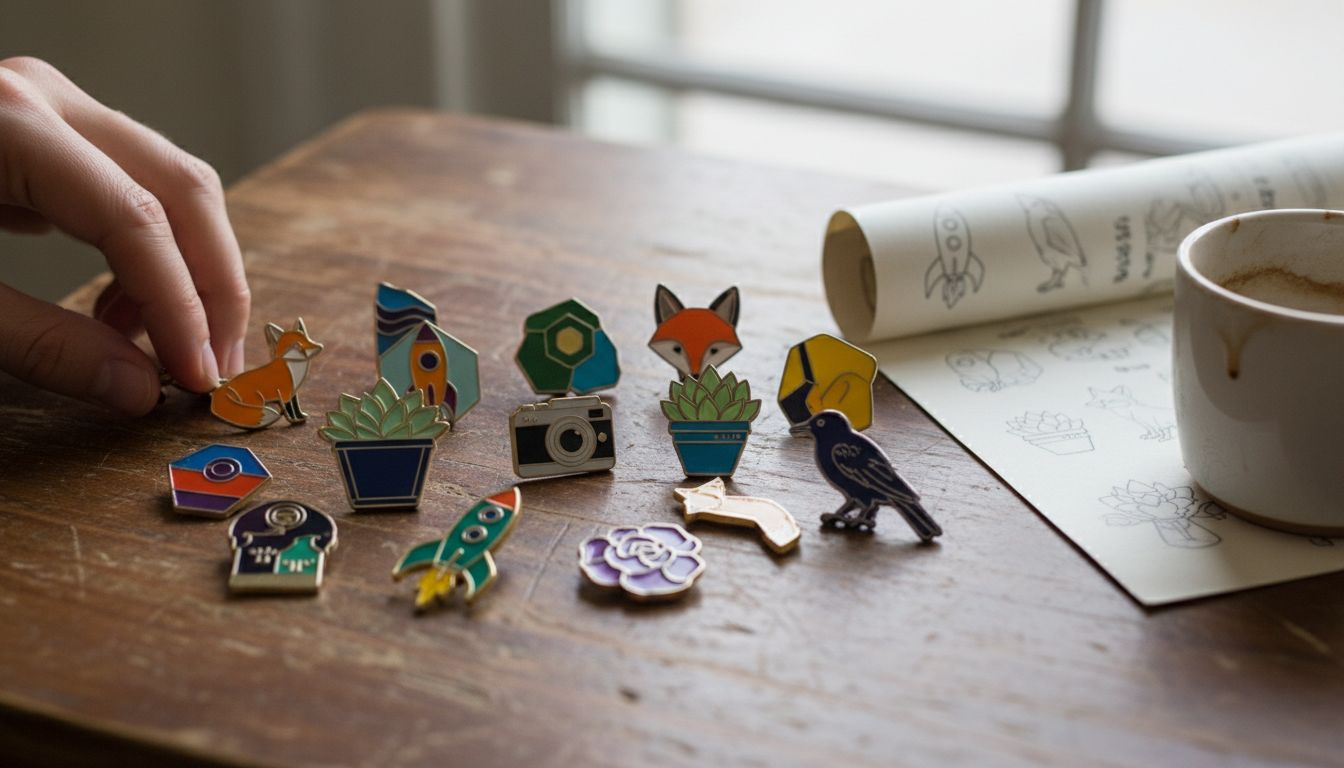 Close-up of various hard enamel pins