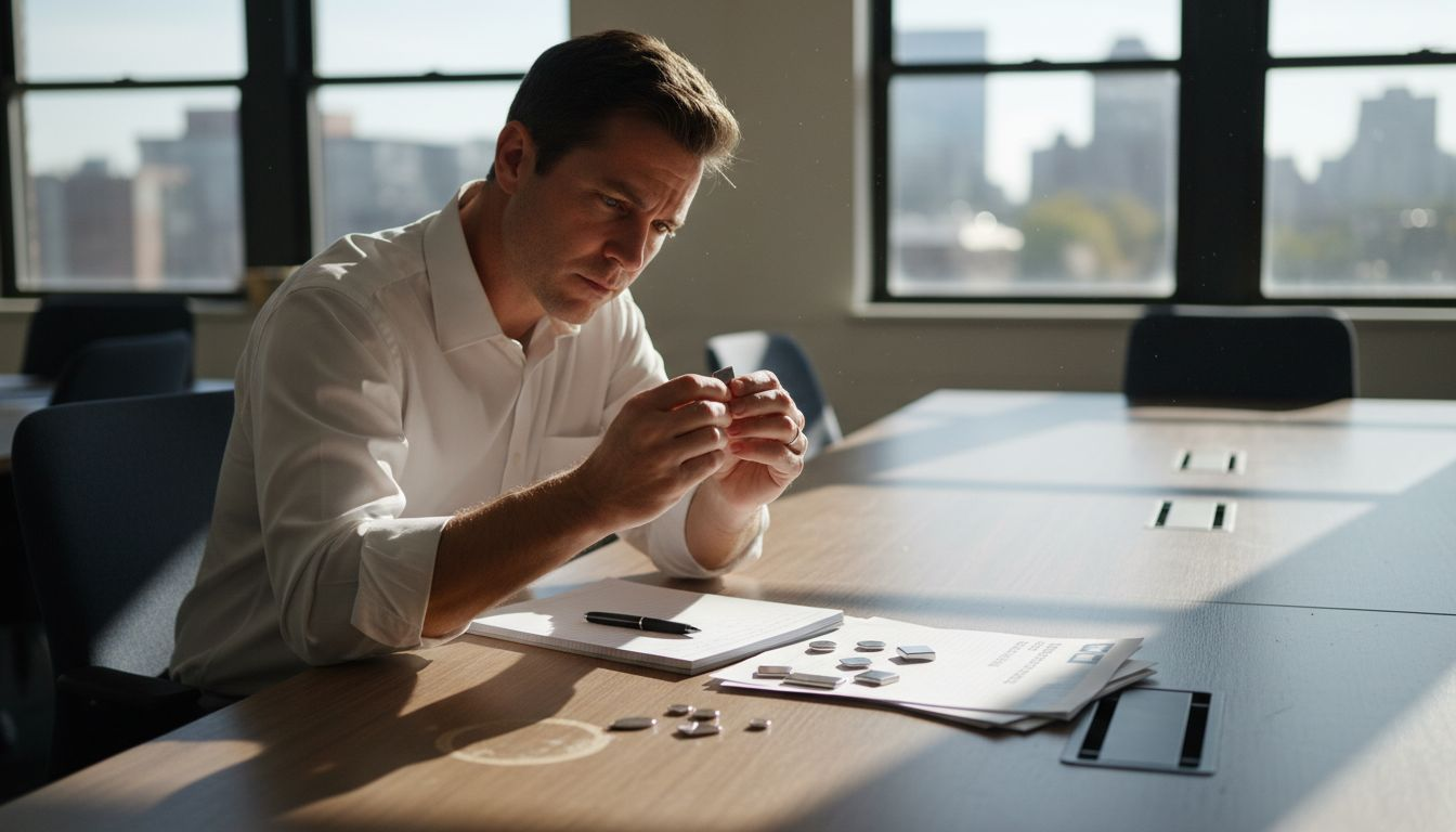 Manager reviewing magnetic pin samples