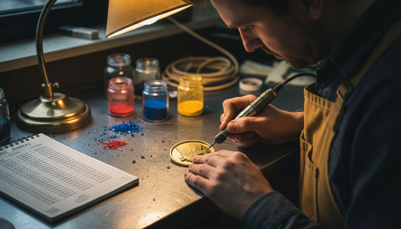 Technician engraves personalized enamel pin design
