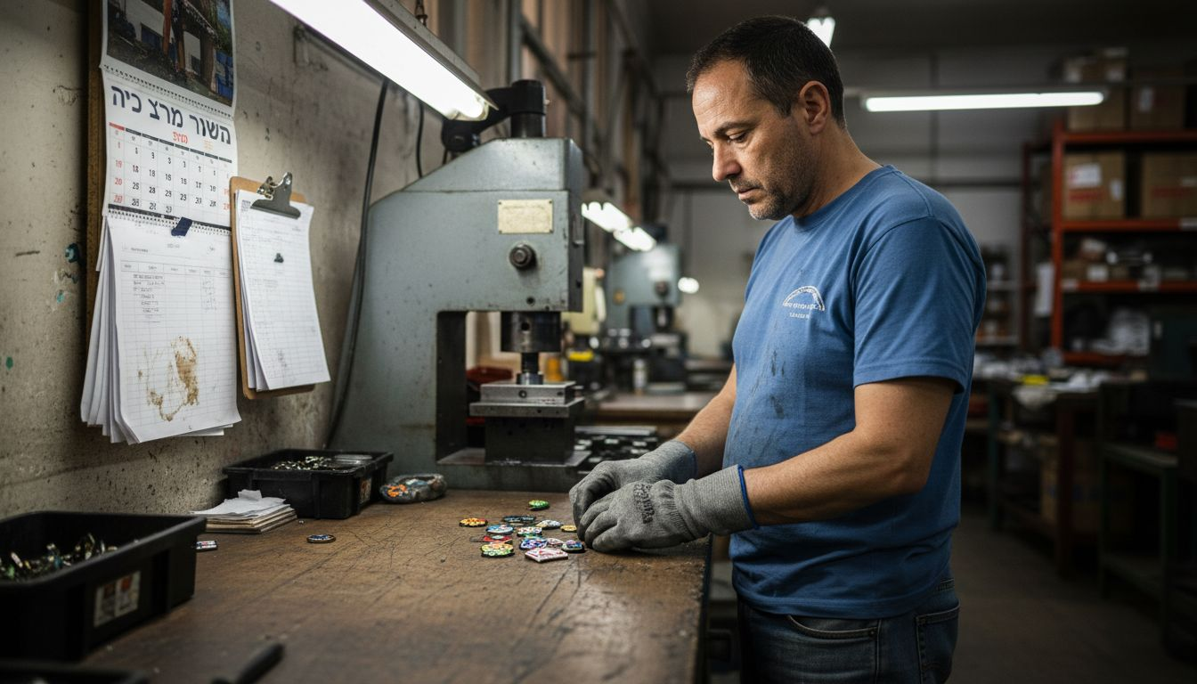 Factory worker inspecting hard enamel pin batch