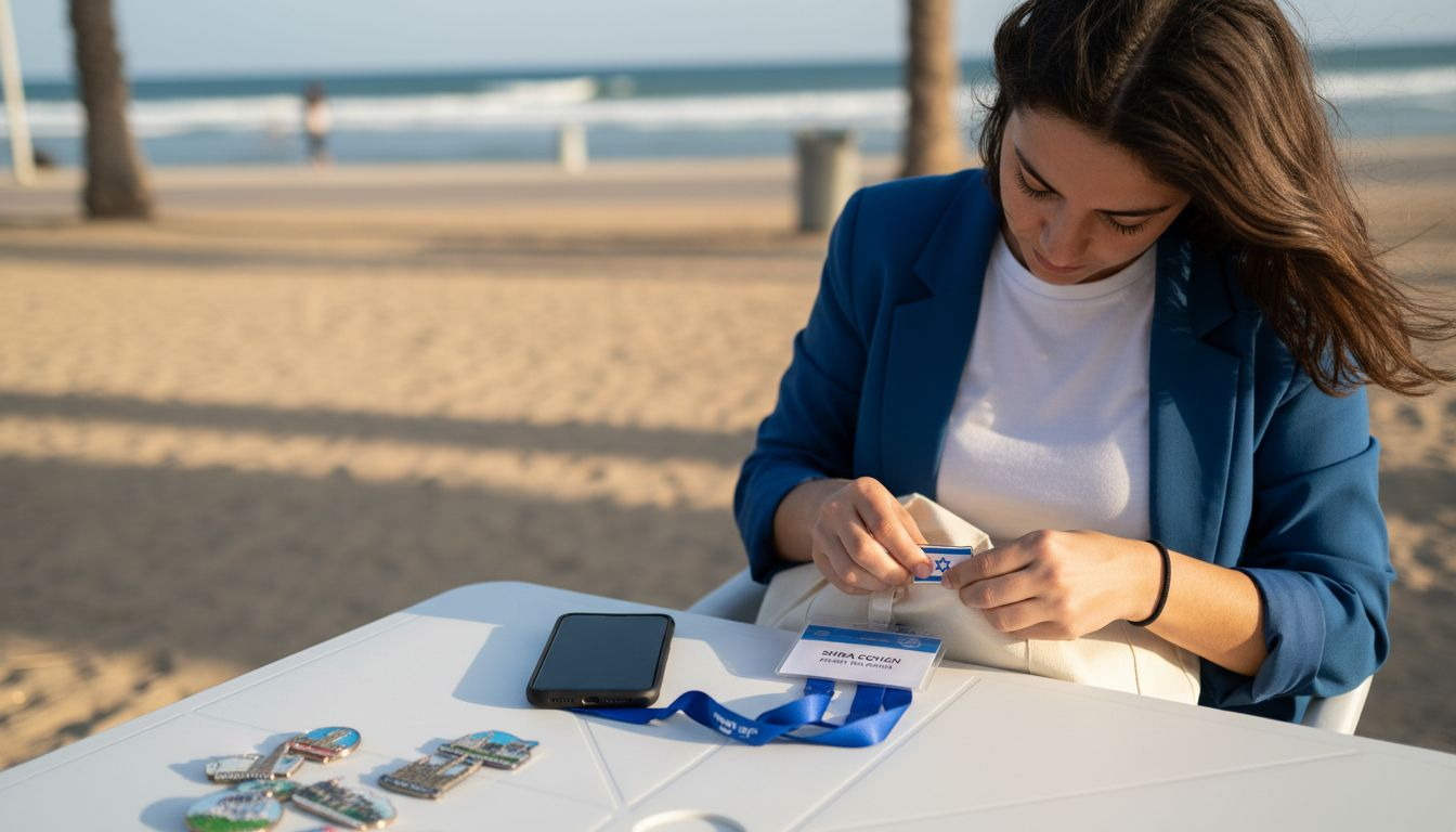 Attendee adds Israeli pin at outdoor event
